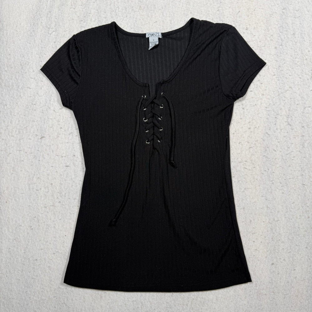 Rue21 Womens Small Black Ribbed Lace Up Grommet Short Sleeve Top Scoop Neck